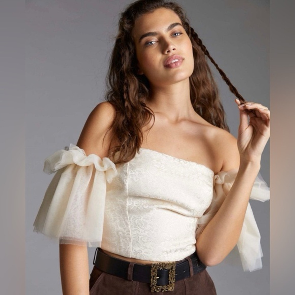 Anthropologie Sunday in Brooklyn Cream Tulle Off-the-Shoulder top